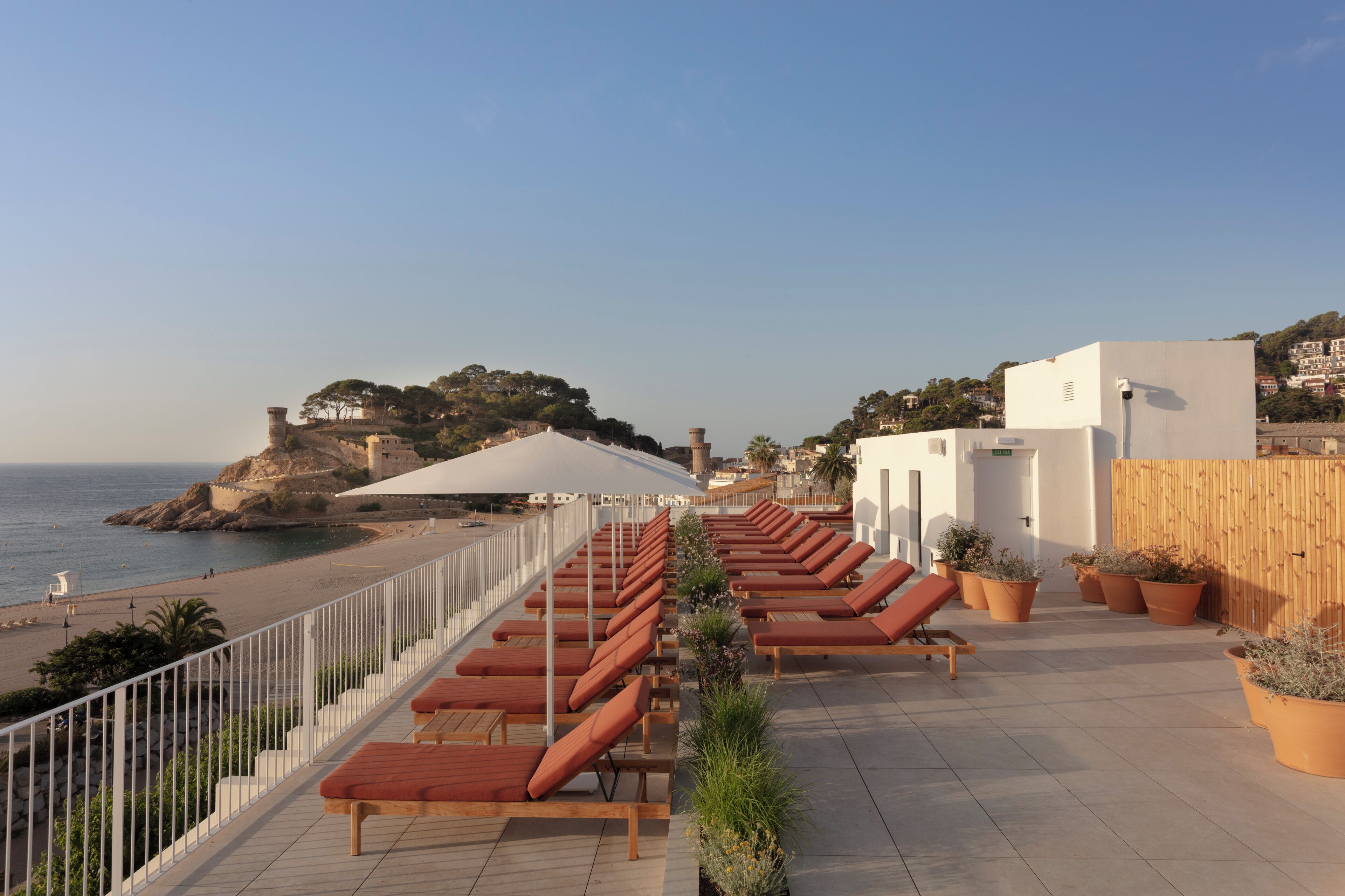 A rooftop terrace with sun loungers, a view of the sea, and potted plants.
