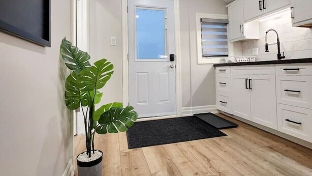 A modern kitchen with white cabinets, a black countertop, and a potted plant. - The Cozy Cove Modern King-Bedroom Full Apartment (St. Catharines)