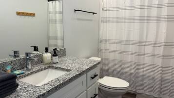 Shower, towels, soap, toilet paper