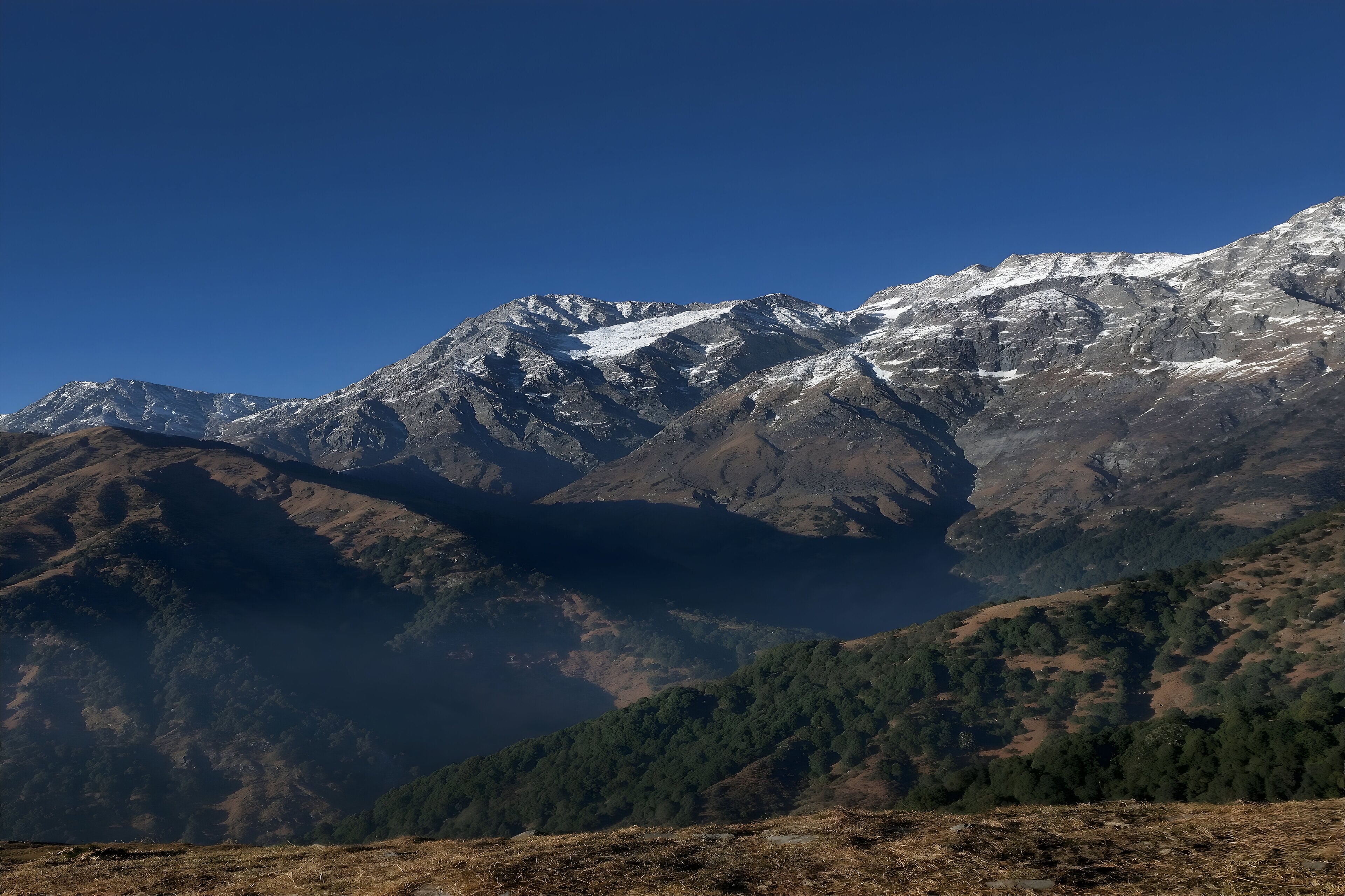 A mountain landscape with snow-capped peaks and a valley with dense forest.