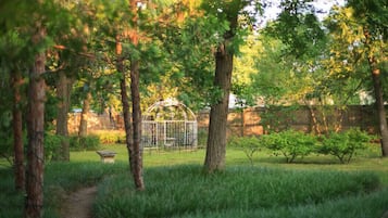 A garden with a pathway, trees, and a metal structure.