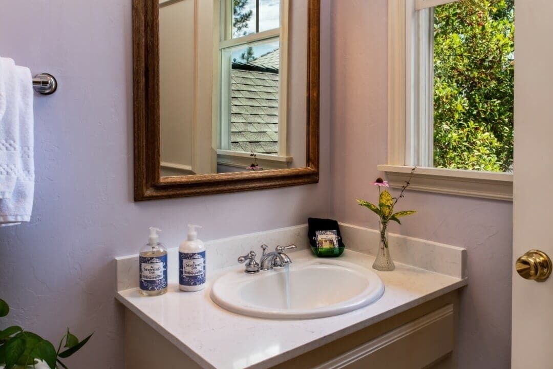 A bathroom with a white sink, a mirror, and a window with a view of trees.