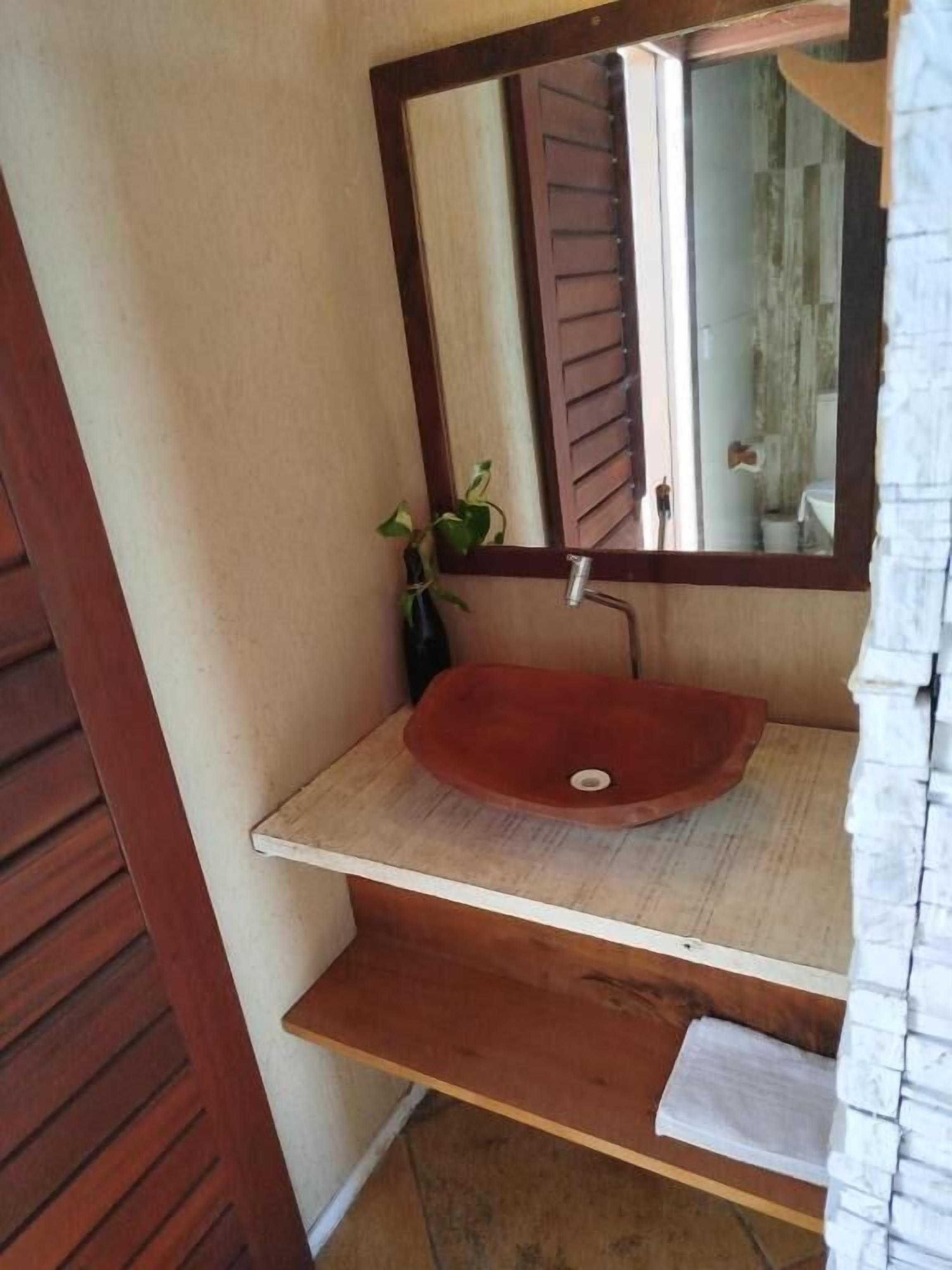 A bathroom with a wooden vanity, a red sink, a mirror, and a small potted plant.