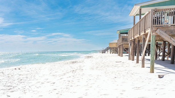 A beach with wooden structures and a clear sky.