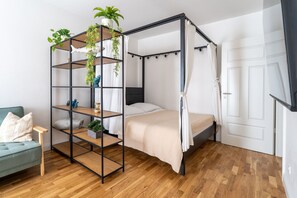 1 bedroom, desk, iron/ironing board, travel cot
