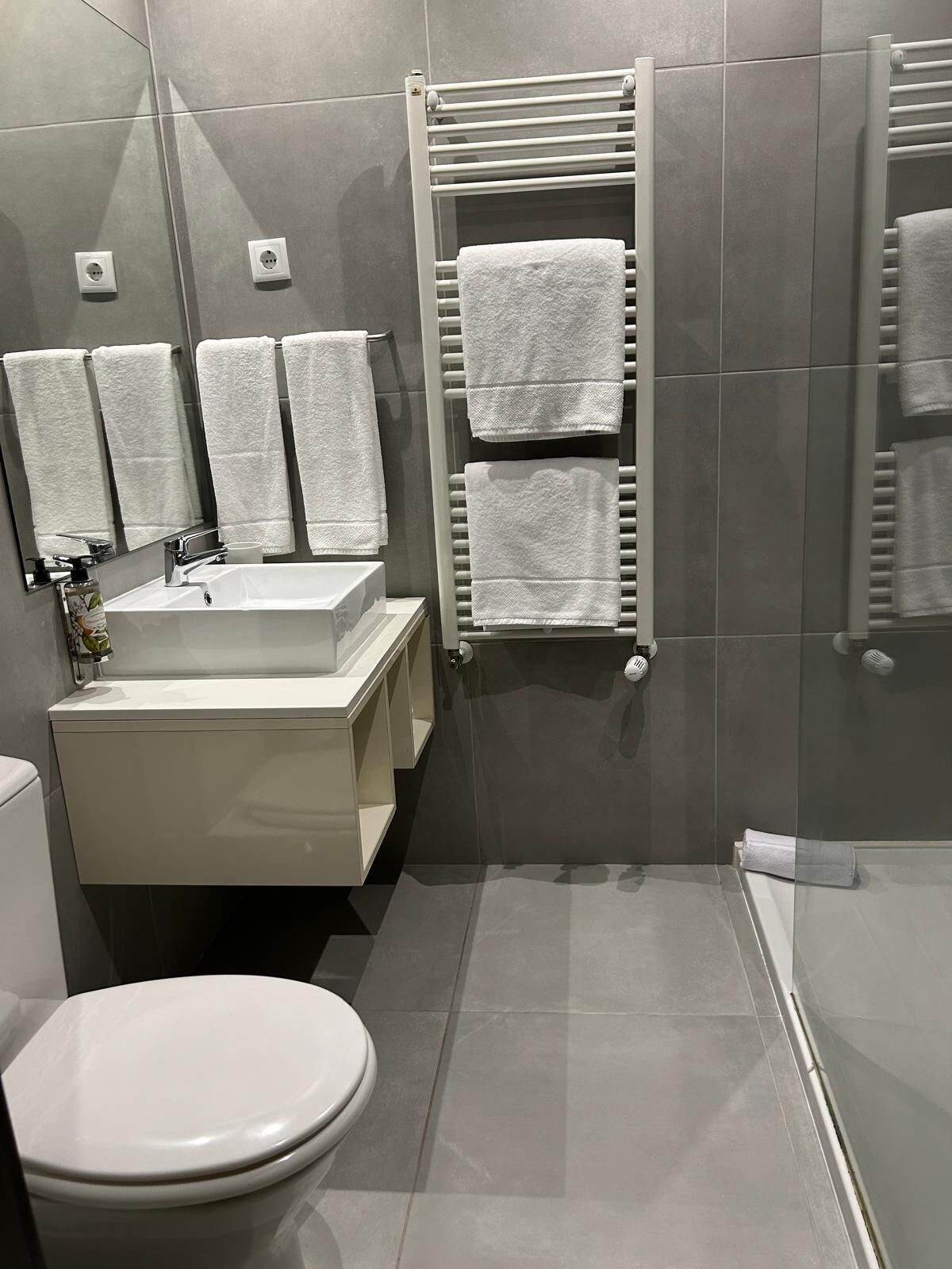 A modern bathroom with a white sink, mirror, and two towel racks.