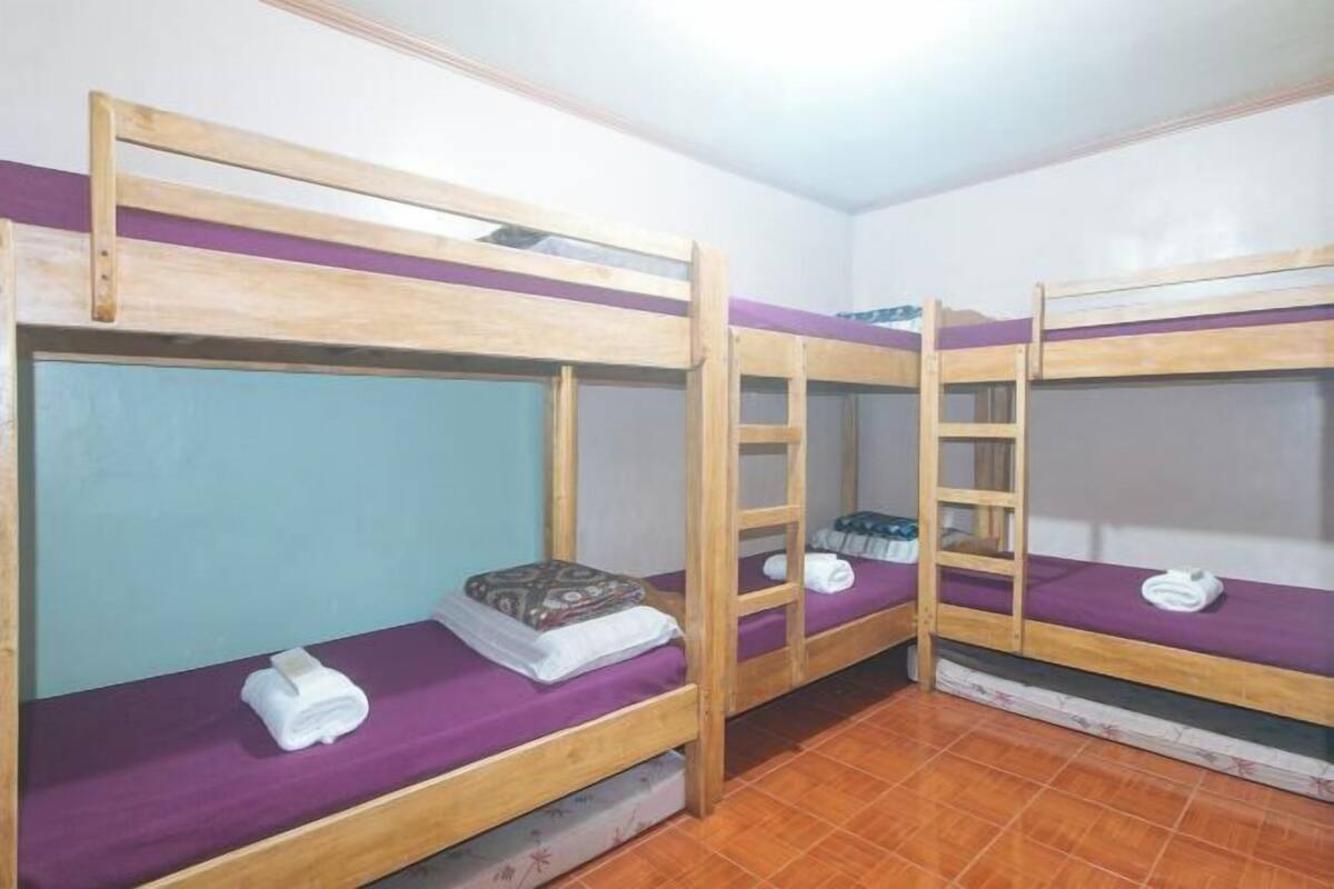 Ein Zimmer mit drei Etagenbetten, jeweils mit lila Matratze und Holzrahmen.