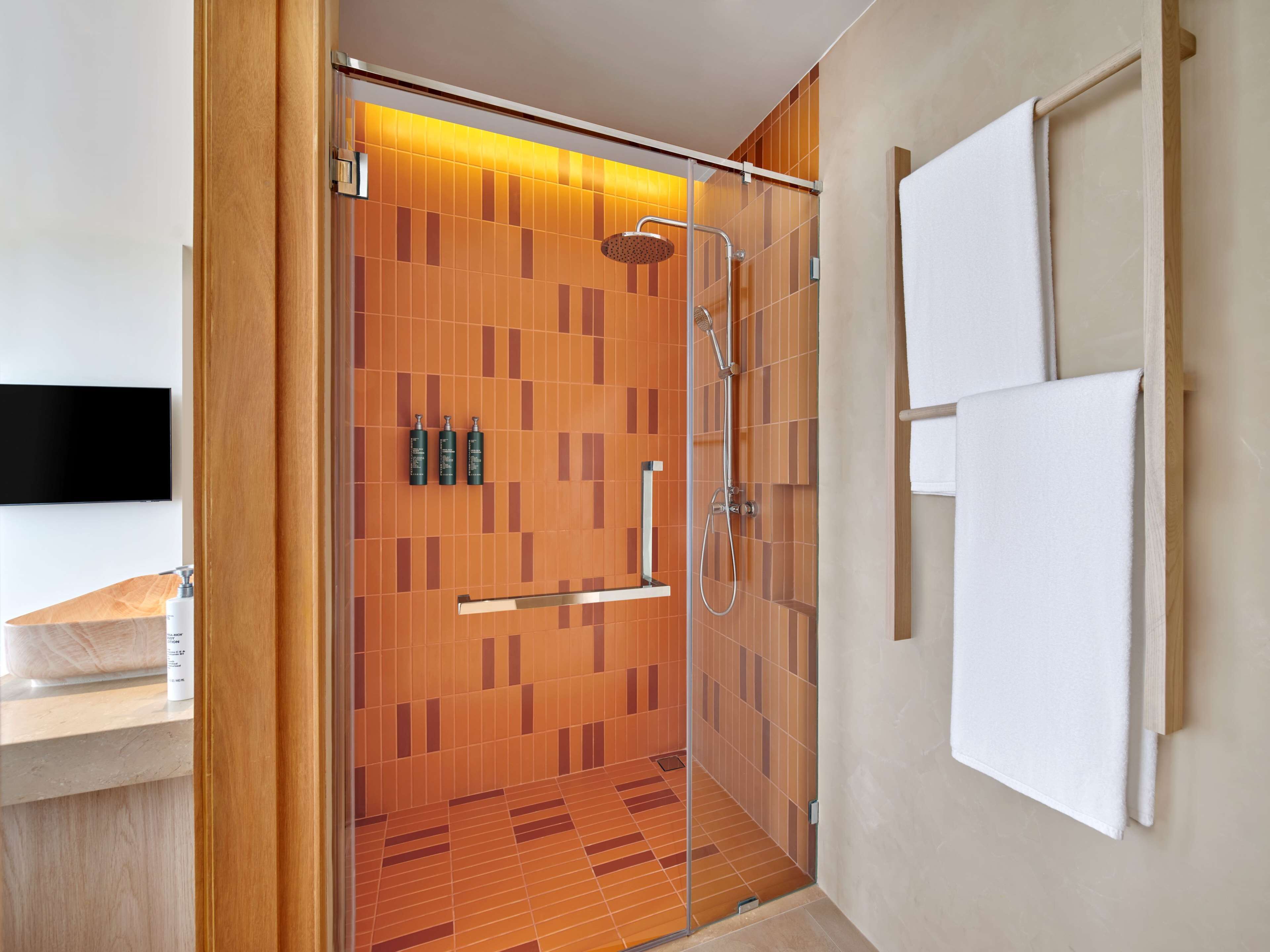 A modern bathroom with a glass shower enclosure, wooden floor, and a mounted TV.