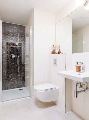 Shower, hair dryer, shampoo