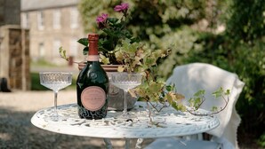 Une table avec une bouteille de vin, deux verres et une plante en pot.