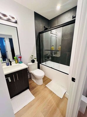 Hair dryer, towels, soap, shampoo