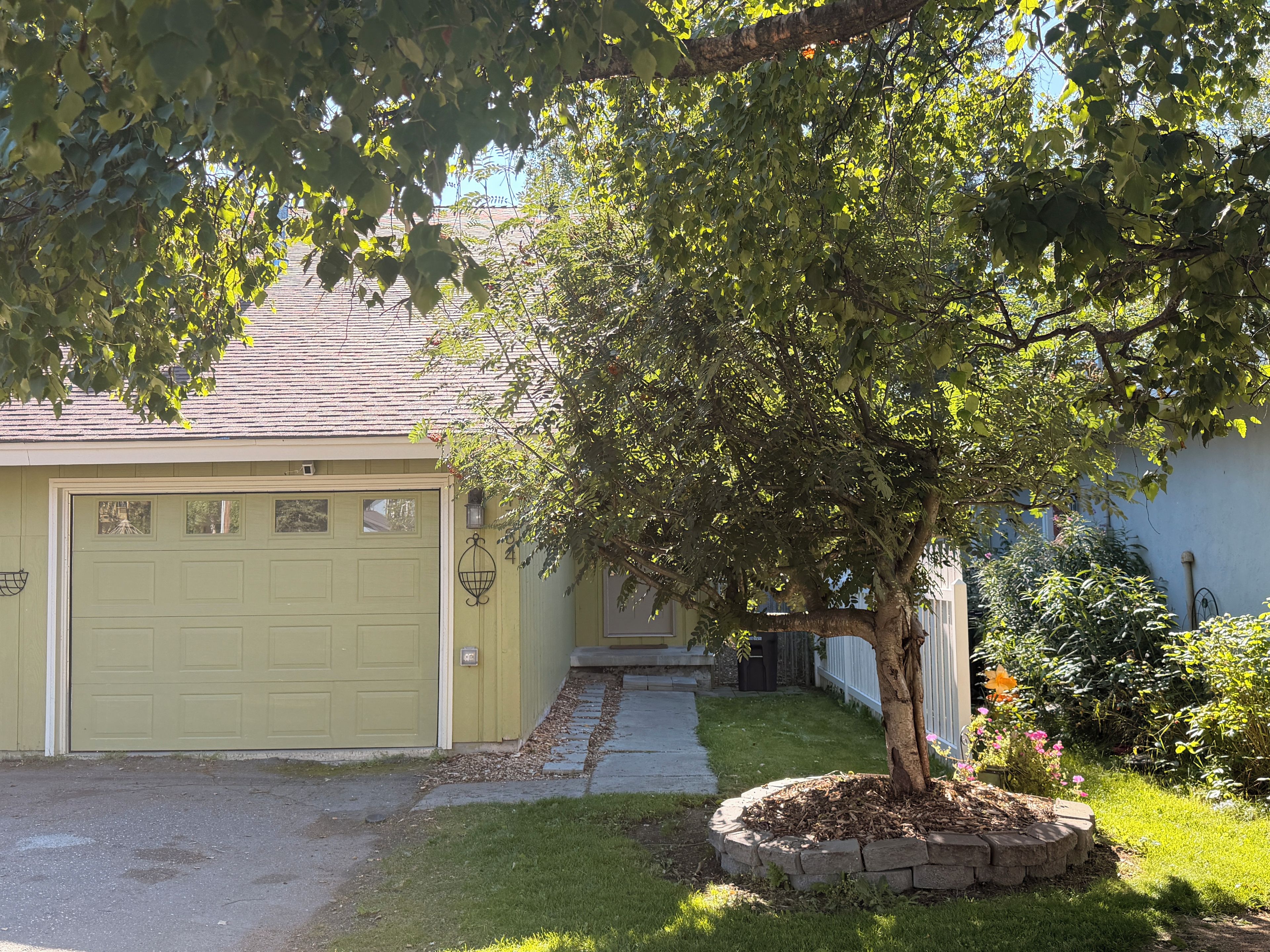 Un garage attenant à une maison, avec un arbre devant, un chemin menant au garage et une pelouse avec un parterre de fleurs.