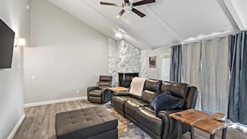 Smart TV, fireplace, books