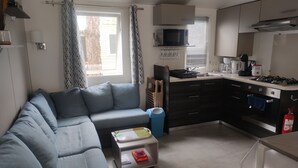 Ein kompakter Wohnbereich mit Sofa, Küchenzeile und Essplatz.