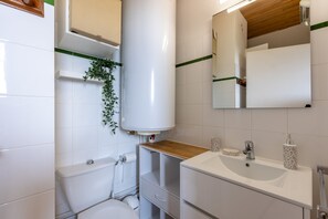A bathroom with a toilet, sink, mirror, and a plant. - Cosy Wood - Appt vue lac et montagne (Les Angles)