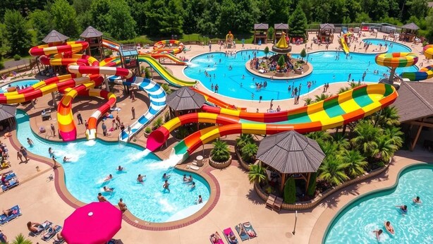 A water park with multiple pools, slides, and sun loungers.