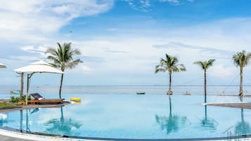 Outdoor pool, pool umbrellas, pool loungers