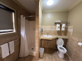 Habitación estándar doble, vistas al patio | Baño | Artículos de higiene personal gratuitos y secador de pelo