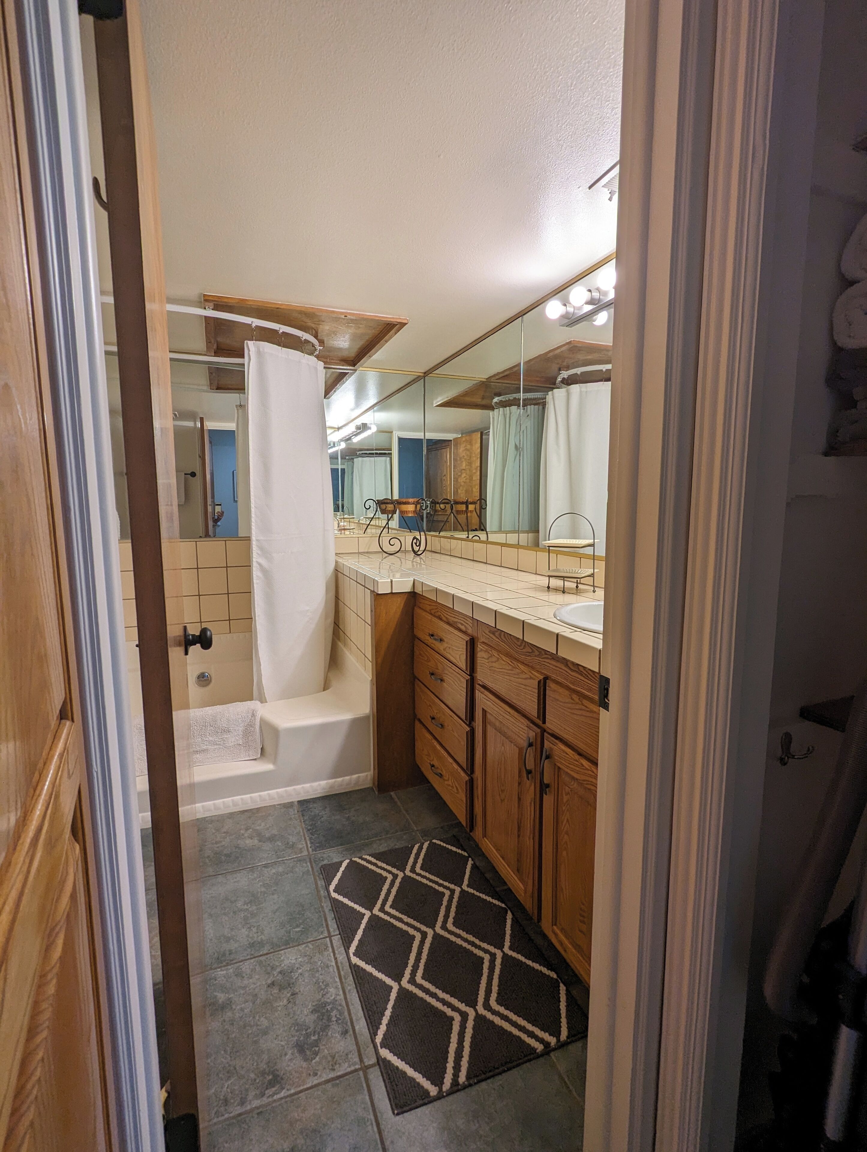 Hair dryer, towels, soap, shampoo