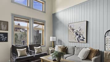 Smart TV, fireplace, books