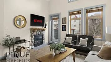 Smart TV, fireplace, books