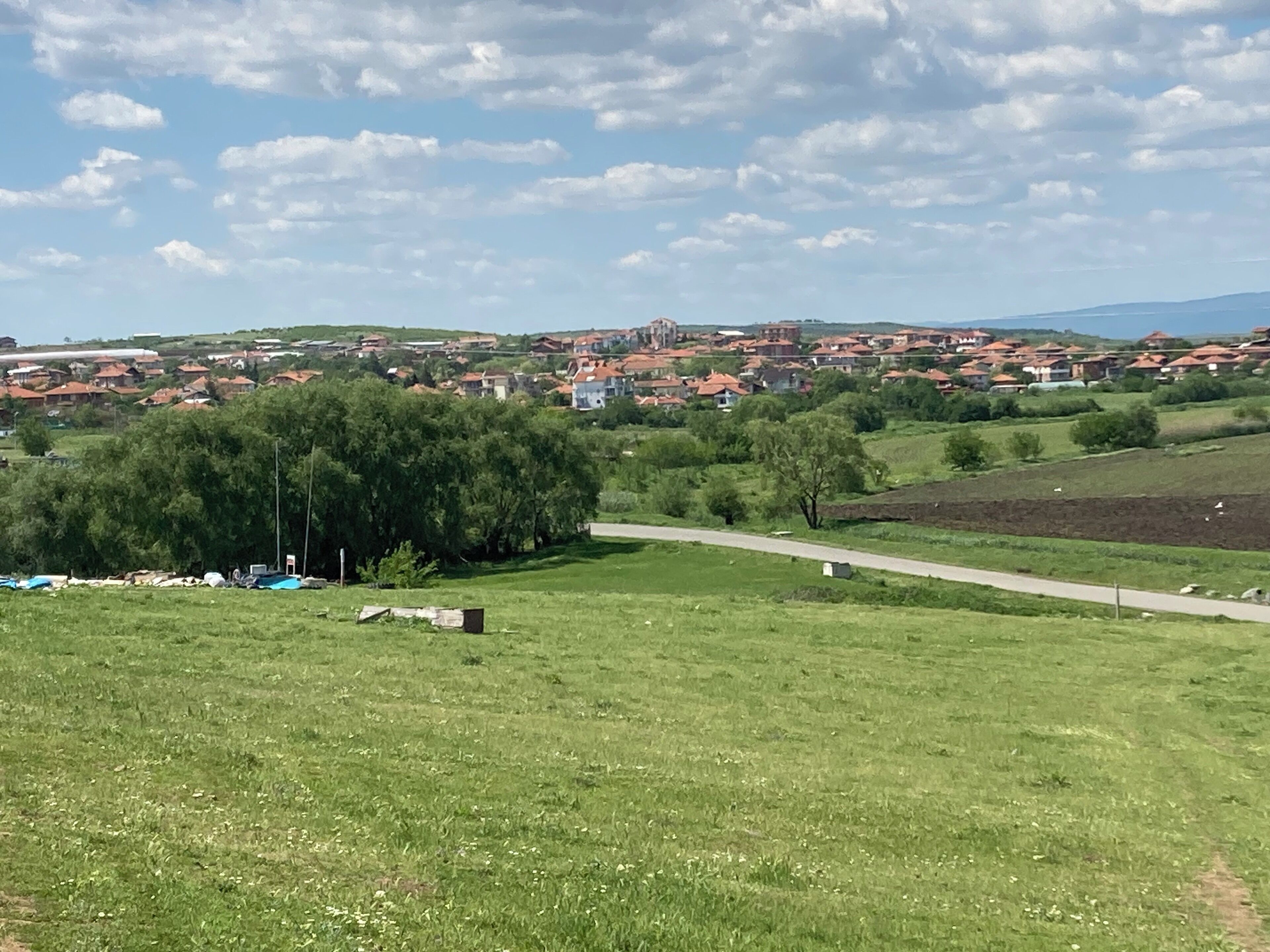A rural landscape with a road, green fields, and a distant village with red-roofed houses.