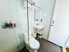 Regadera, secadora de cabello, bidet, toallas