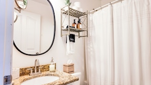 Hair dryer, towels, soap, shampoo