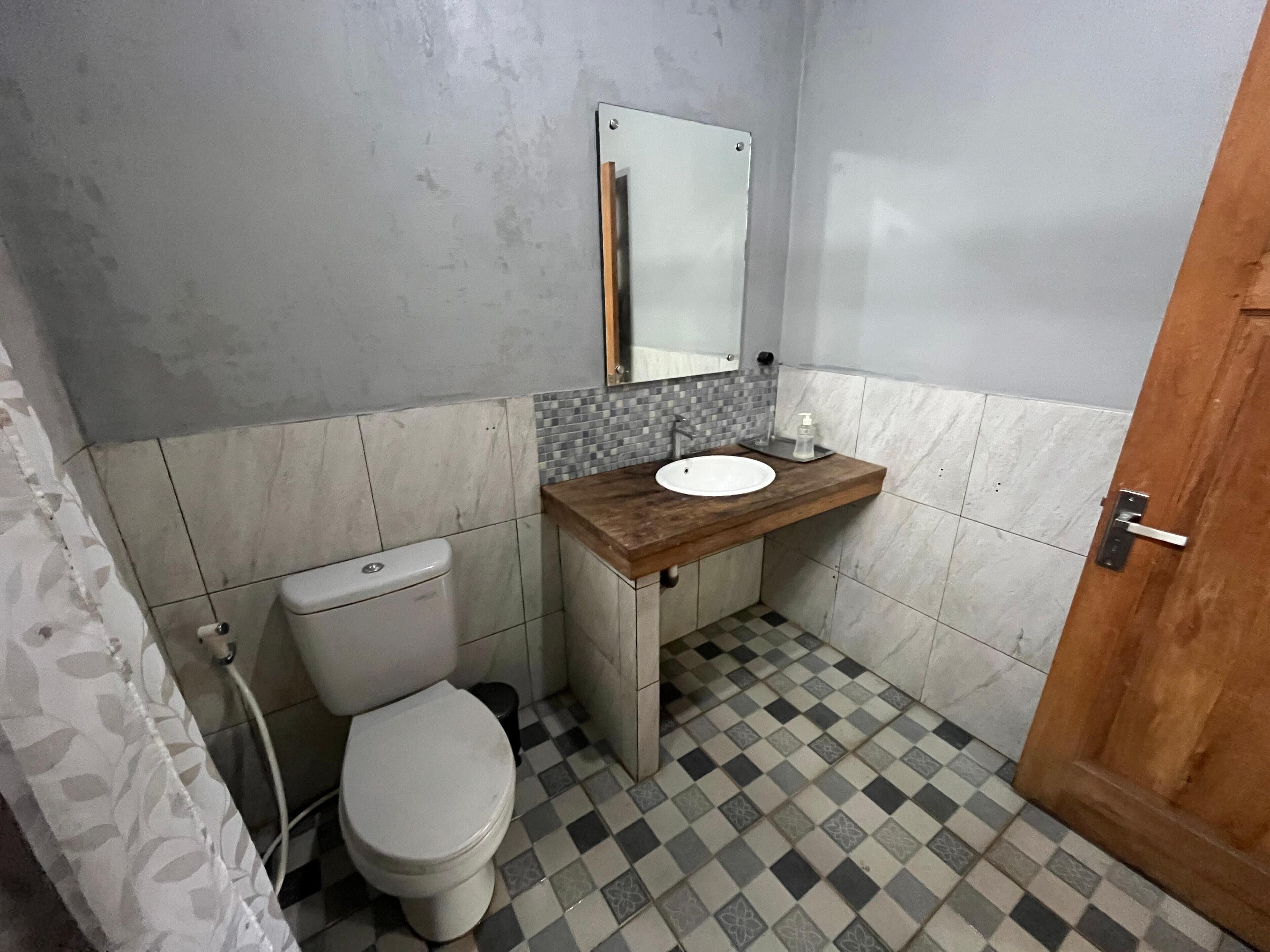 A bathroom with a toilet, sink, and mirror.