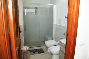 Regadera, secadora de cabello, bidet, toallas