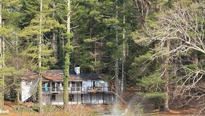 A lakeside property with a house, a fountain, and a dock. - Gorgeous serene lake and beach front hide away (Flat Rock)