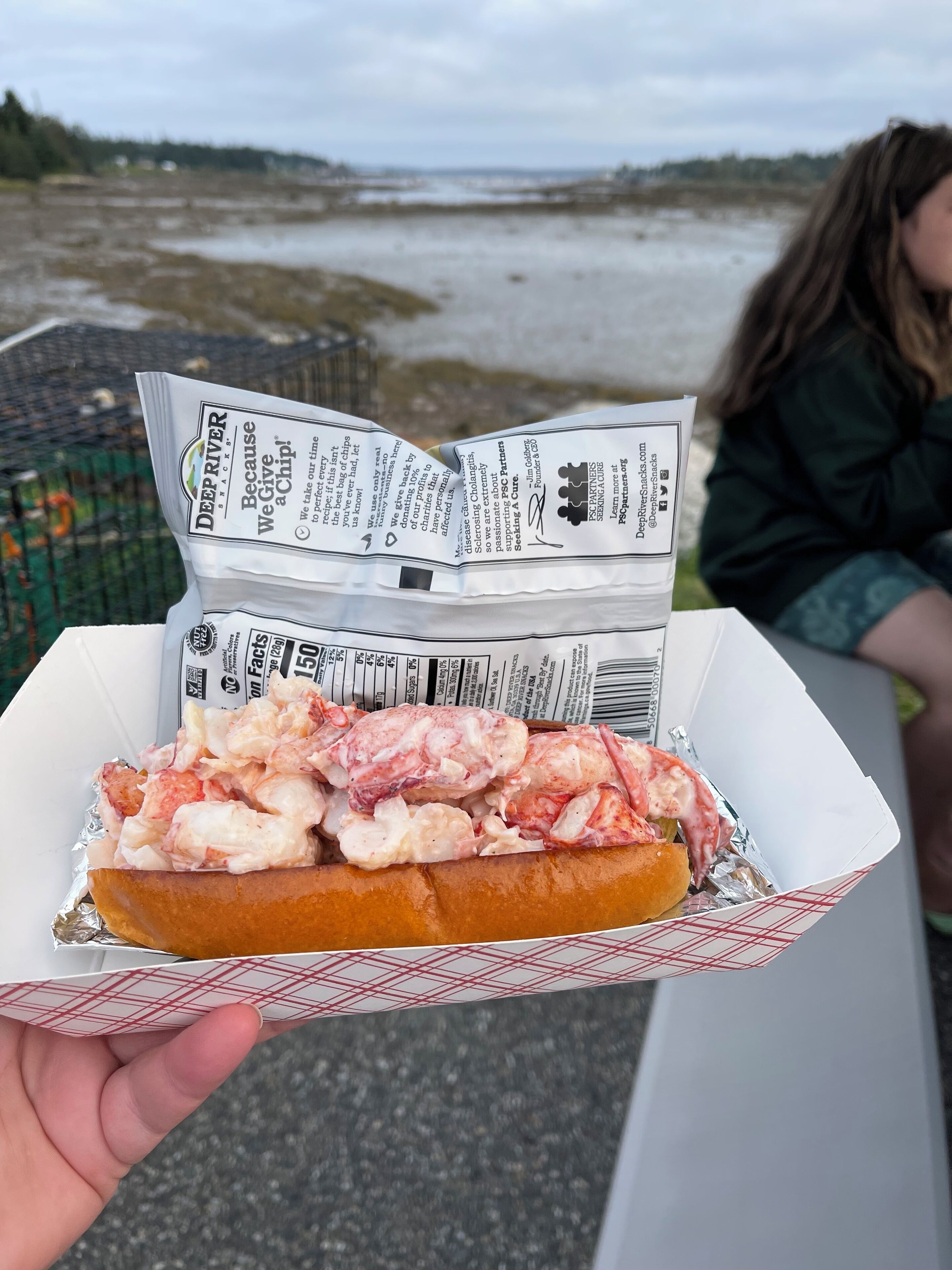 A person holding a food container with a lobster sandwich and a nutrition label.