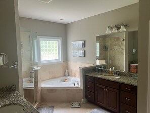 Features a bathtub, large vanity, and walk-in shower with a glass door.
