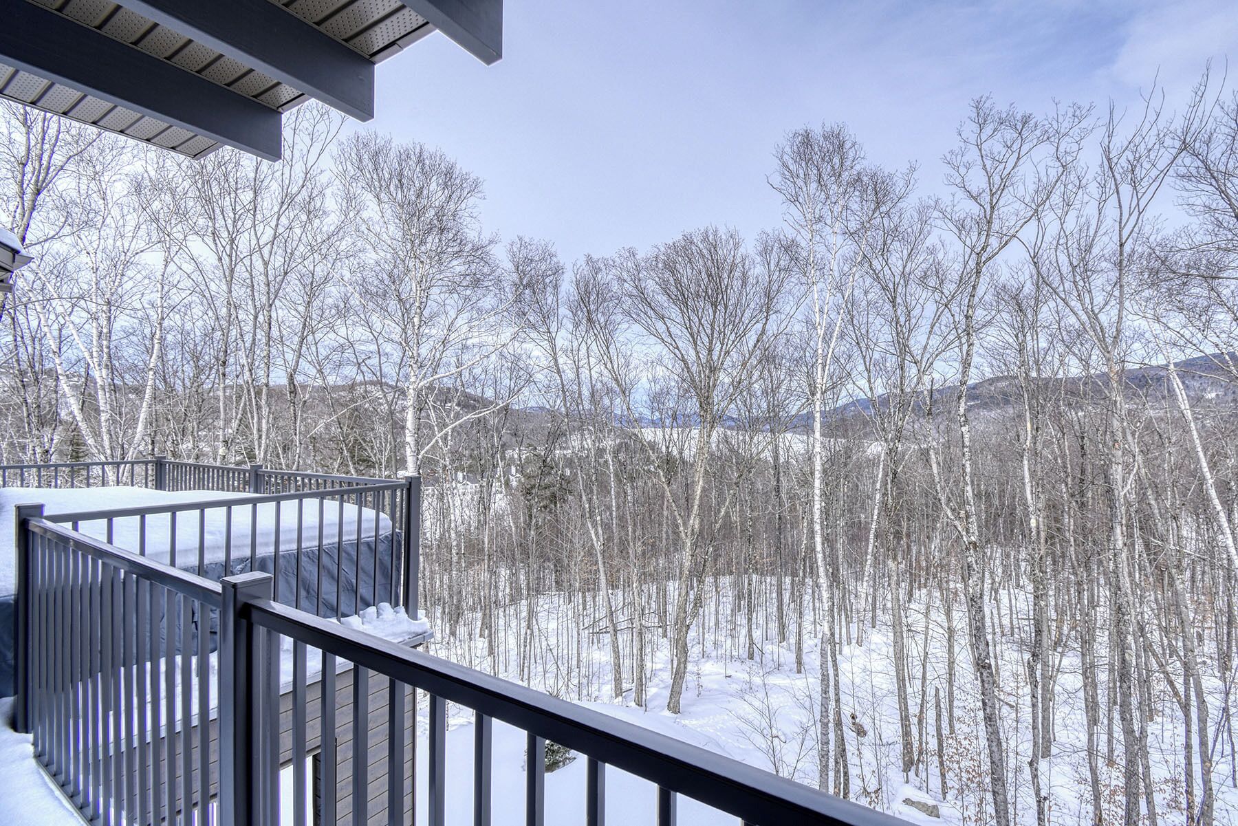 A snow-covered deck with a metal railing overlooking a forested area.