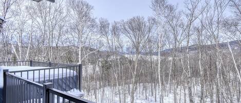 A snow-covered deck with a metal railing overlooking a forested area.