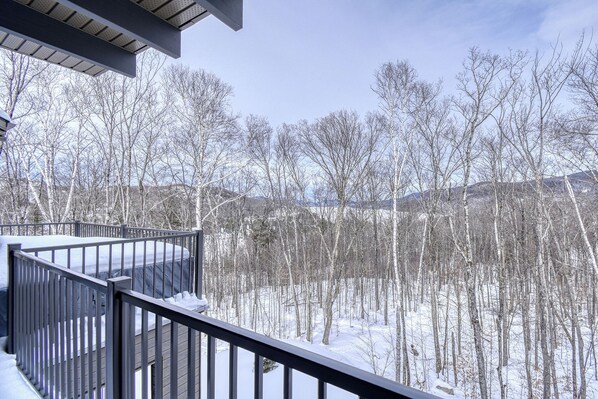 A snow-covered deck with a metal railing overlooking a forested area.
