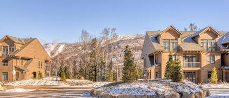 A residential area with modern houses, a clear sky, and a mountain in the background.