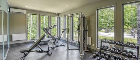 Une salle de sport équipée de matériel d’exercice, dotée de grandes fenêtres et offrant une vue sur les arbres.