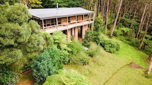 A modern two-story house surrounded by dense forest.