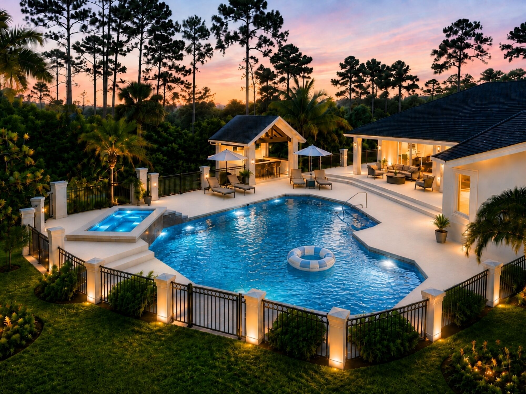 A large outdoor swimming pool with a hot tub, surrounded by a fence and lush greenery.