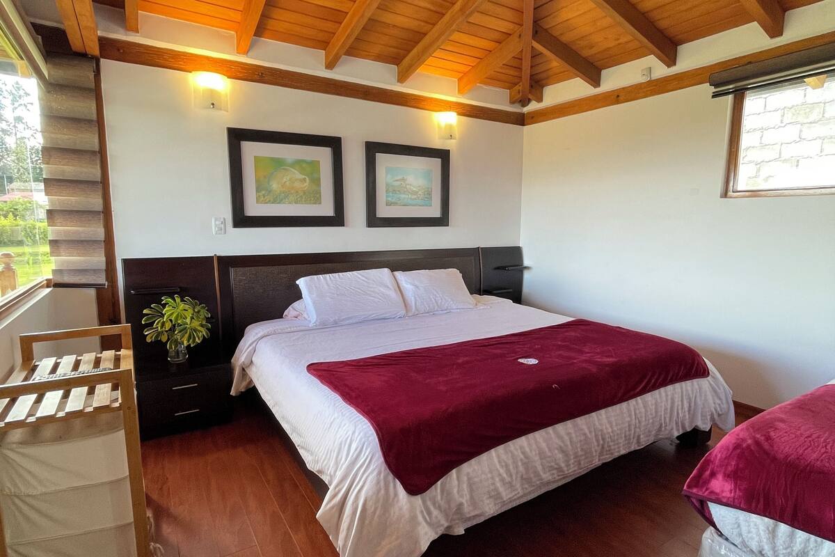 Un dormitorio con techo de madera, una cama con ropa blanca, una manta roja, una mesita de noche con una planta y cuadros enmarcados en la pared.