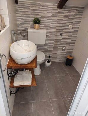 Bathroom features a white toilet, sink, and grey tile walls.