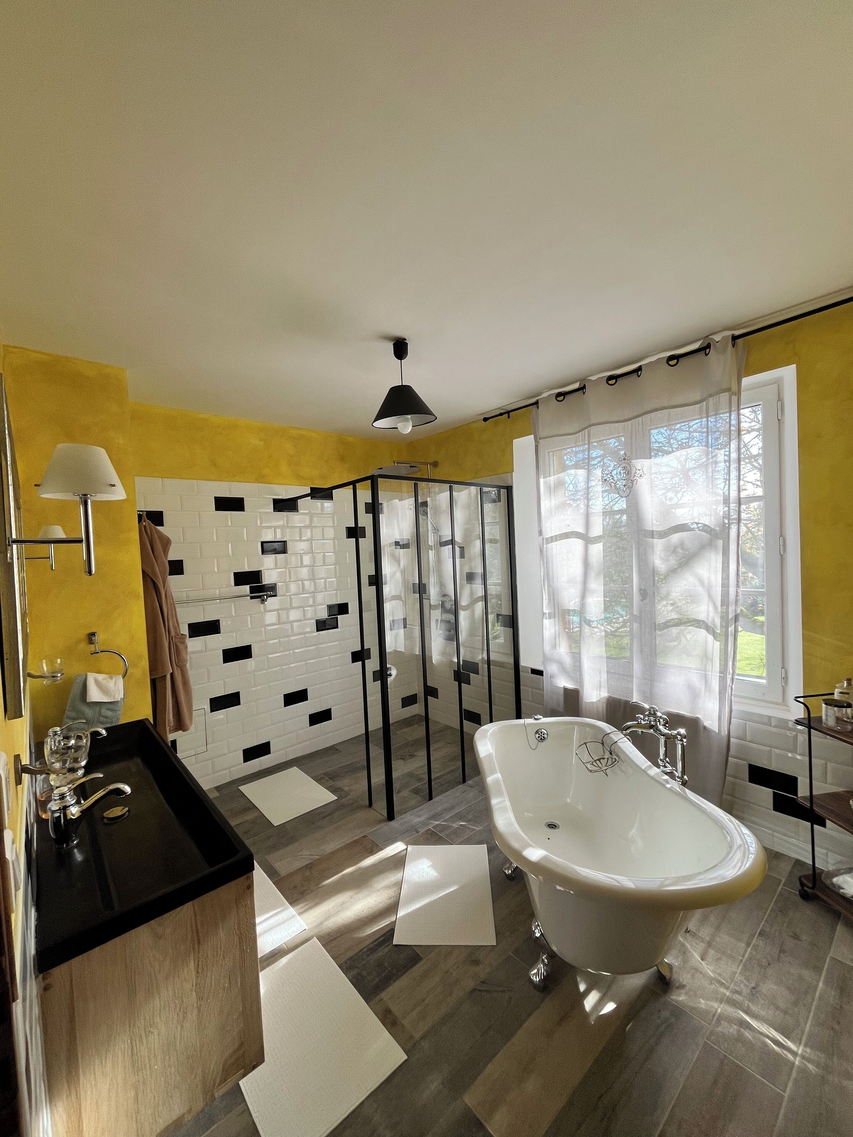 Shower, hair dryer, towels, toilet paper