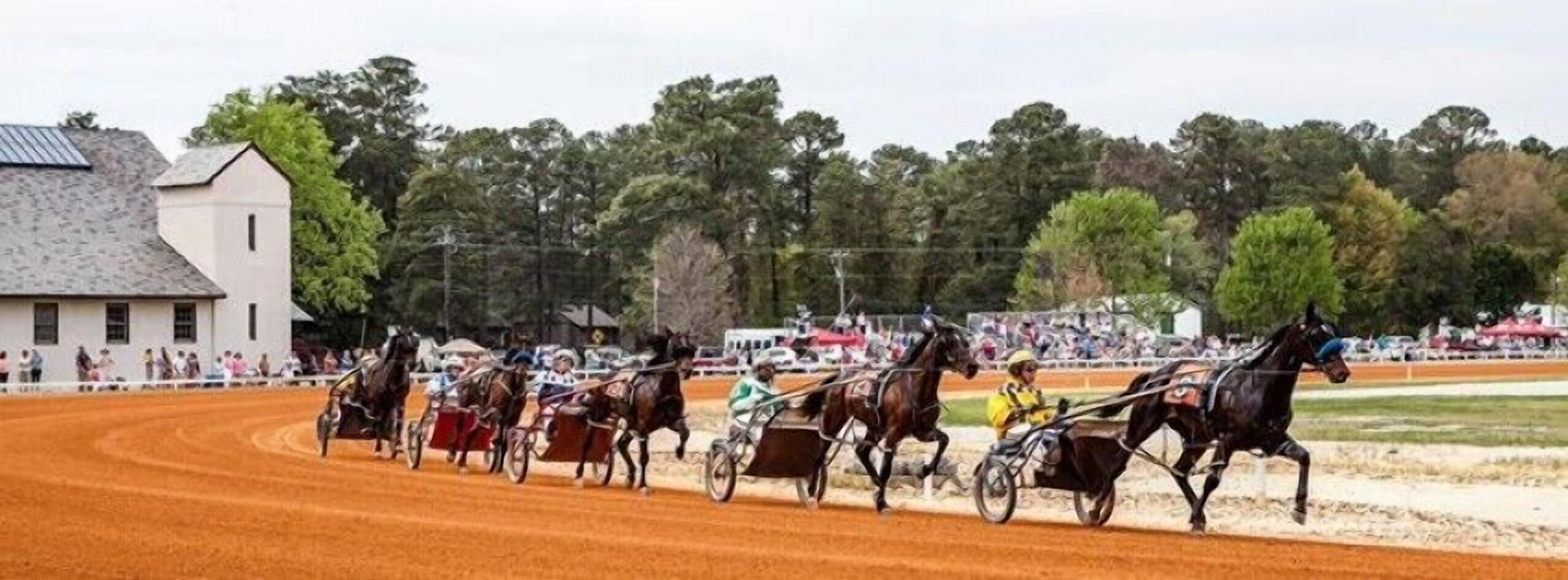 A horse-drawn carriage race on a dirt track with spectators in the background.