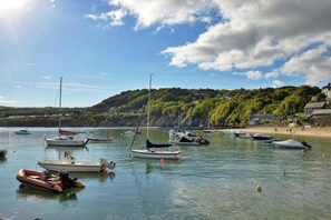 A harbor with various boats docked, calm water, and a hillside with buildings in the background. - Horseshoe Cottage, Aberaeron (Ciliau Aeron)