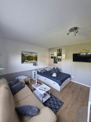 A modern living room with a sofa, a bed, a flat-screen TV, and a ceiling fan.