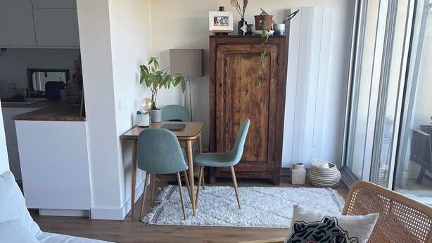 Ein modernes Wohnzimmer mit einer Couch, einem Sessel mit Leopardenmuster-Kissen, einem Essbereich mit Holztisch und -stühlen sowie einer Küche im Hintergrund.