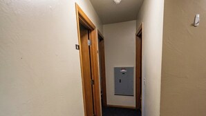 A narrow hallway with carpeted floors, wooden doors, and a light fixture on the ceiling. - Apartment Centrally Located (Plymouth)