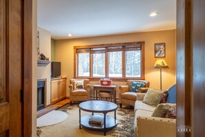 Smart TV, lareira, DVD player, livros