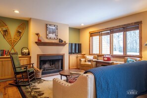 Smart TV, lareira, DVD player, livros